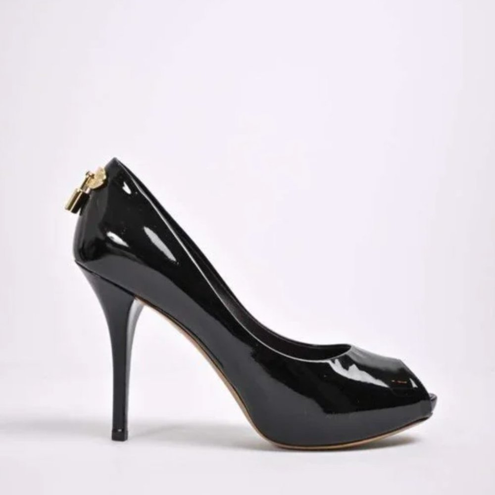 Louis Vuitton: Black Patent Leather Peep Toe Platform Pumps Size 39